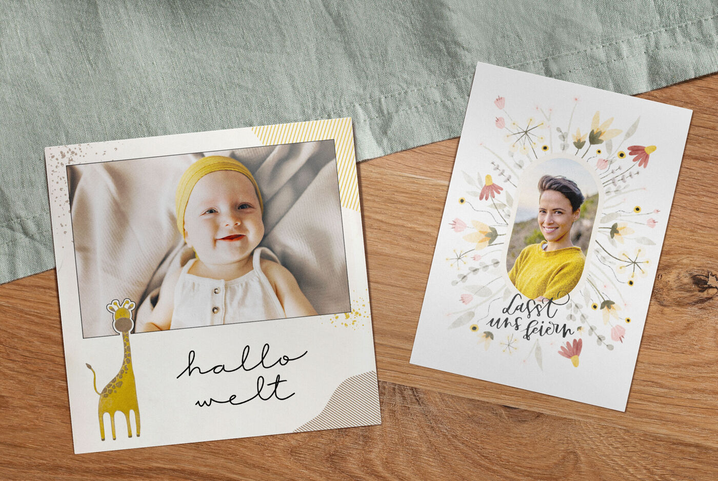 Due cartoline realizzate con amore, con un motivo per bambini e una giraffa con un vestito giallo.
