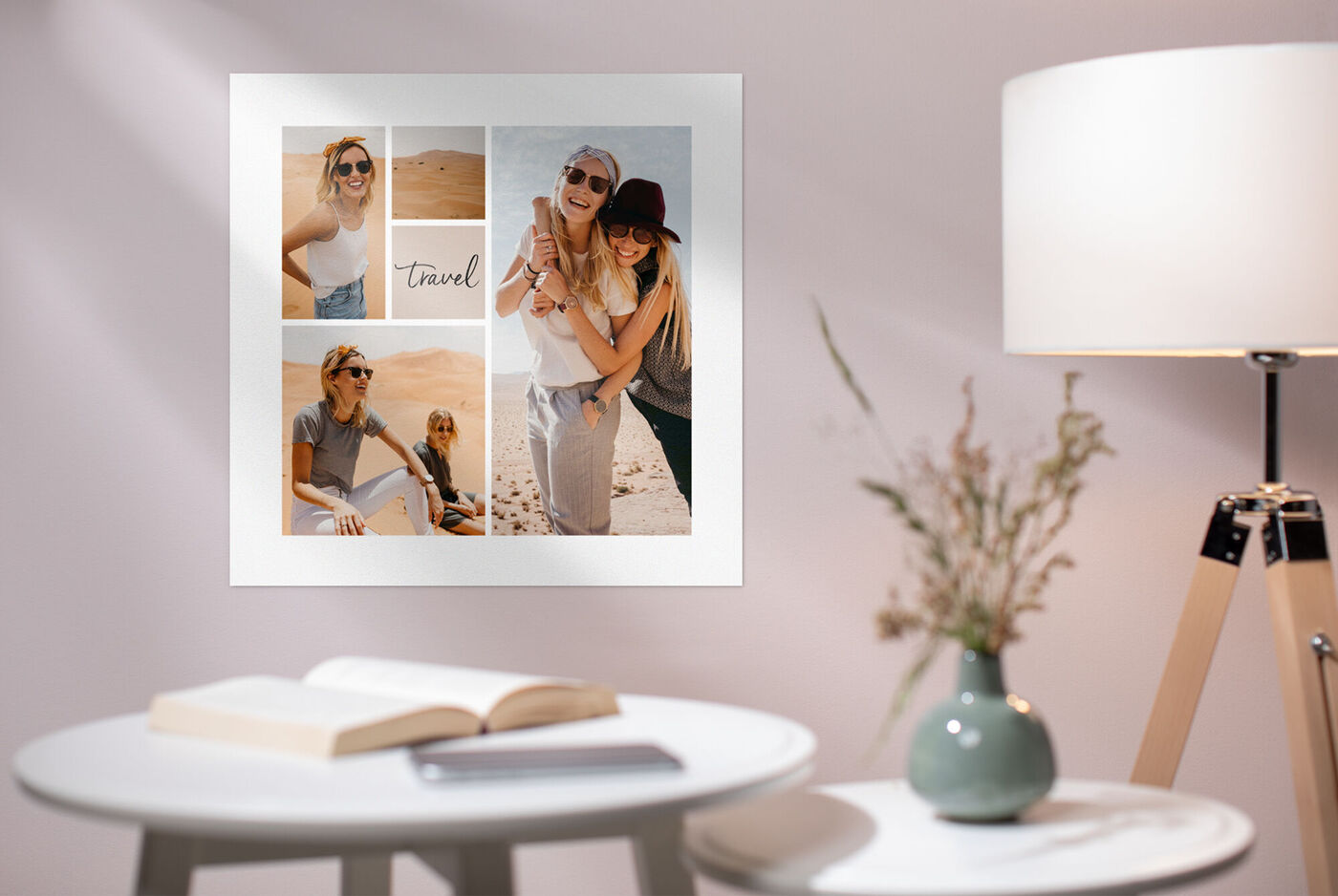Quadro con ricordi di viaggio in più immagini, creazione creativa con foto di persone in spiaggia e deserto