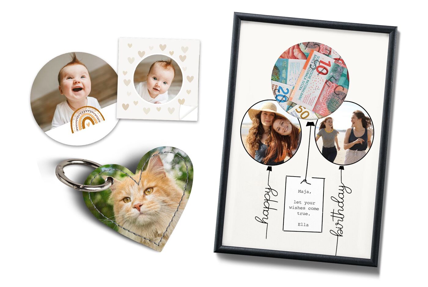 Tre prodotti fotografici personalizzati: un portachiavi a forma di cuore, due foto tonde con cornice decorativa e un quadro con banconote e auguri.