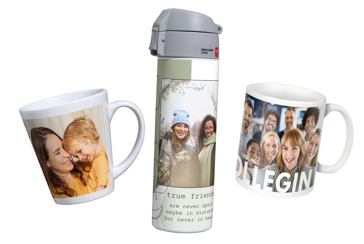 Due tazze personalizzate e una bottiglia, decorate con foto di ricordi felici.