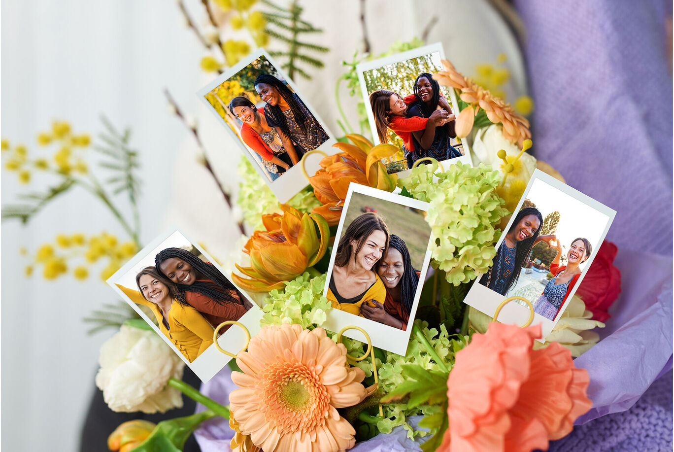 Bouquet di fiori con foto di amici su piccole schede