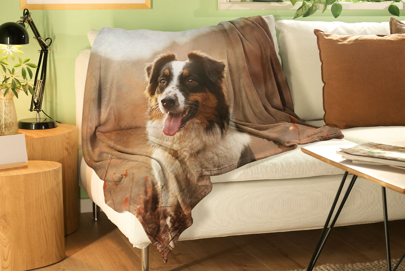 Coperta accogliente con un cane sorridente sopra, su un divano.